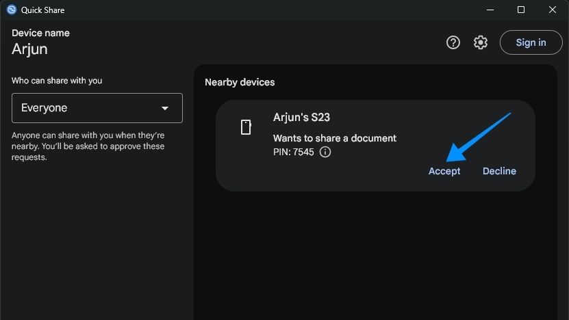 screenshot of quick share on windows showing file accept prompt