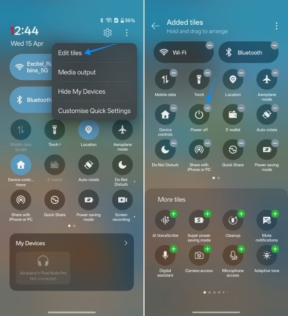screenshot from oneplus phone showing the option to add power off tiles in quick settings menu