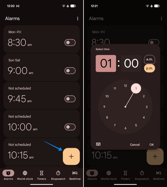 screenshot from the clock app on android showing how to add alarm