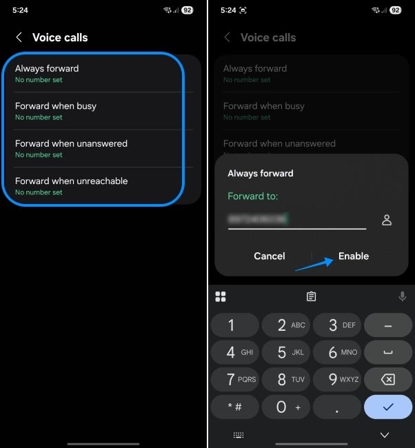 samsung phone screenshot showing steps to enable call forwarding