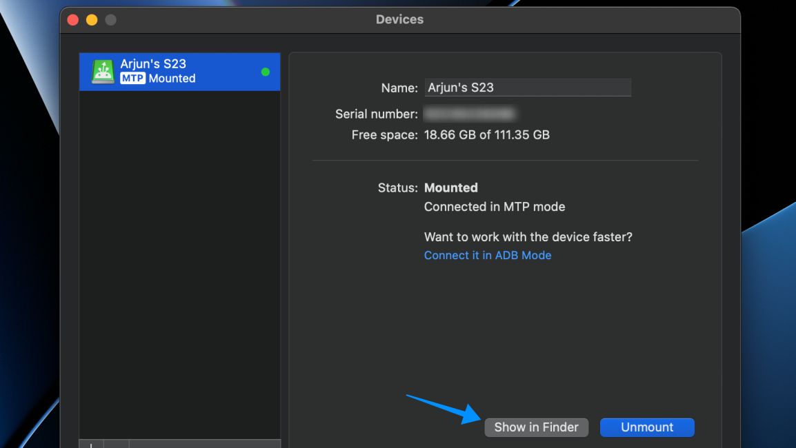 macos screenshot showing android device paired with macdroid
