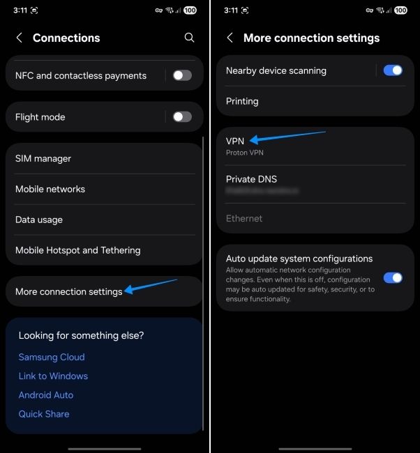 android screenshot showing steps to open vpn settings page