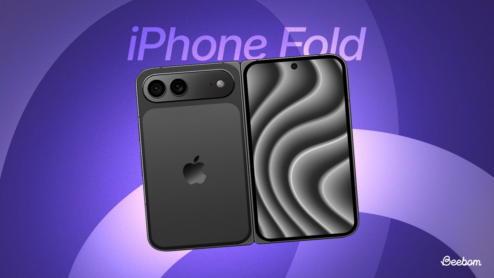 illustration of the iPhone Fold unfolded showing the rear design and display on top of a purple abstract background