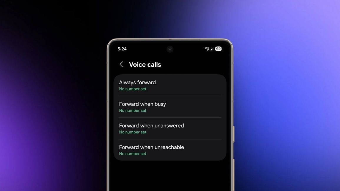 call forwarding setting page on a samsung phone, blue gradient background