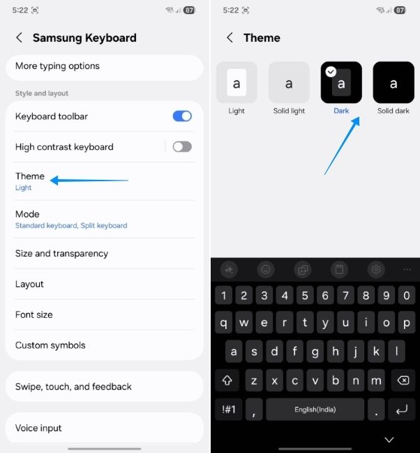 one ui screenshot showing steps to enable dark mode on samsung keyboard manually