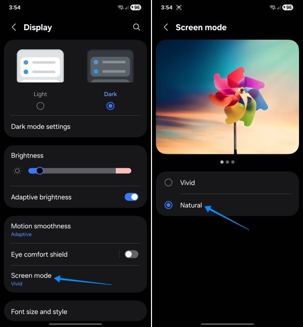 one ui screenshot showing how to change screen mode to natural