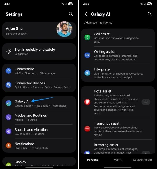 one ui screenshot showing galaxy ai setting
