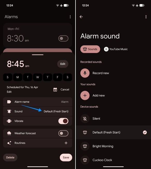 screenshot from the clock app on android showing how to choose alarm tone