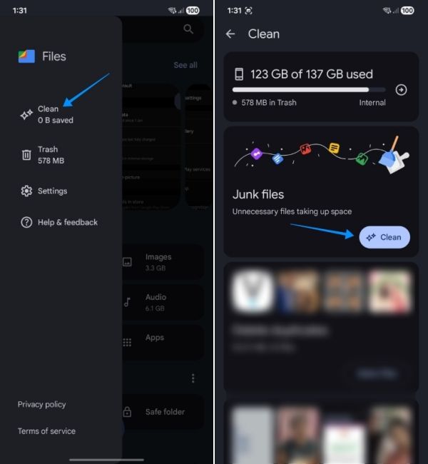screenshot from a samsung phone showing steps to clear temporary files on android