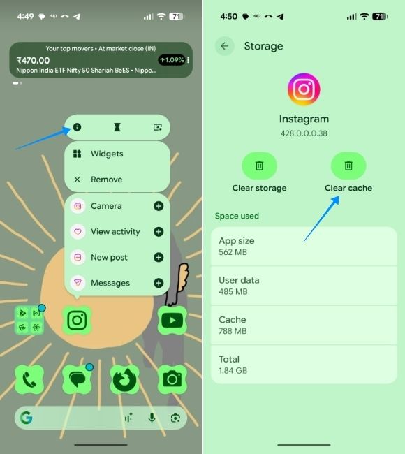 pixel UI screenshot showing how to clear cache of android apps
