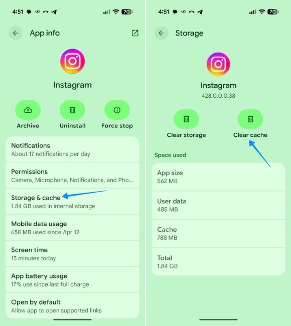 pixel UI screenshot showing how to clear app cache via settings