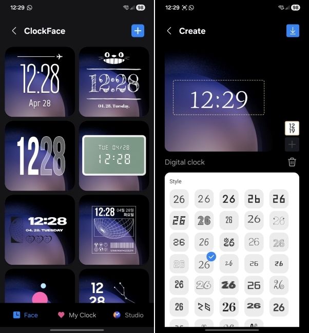 one ui screenshot showing clockface plugin customisation options