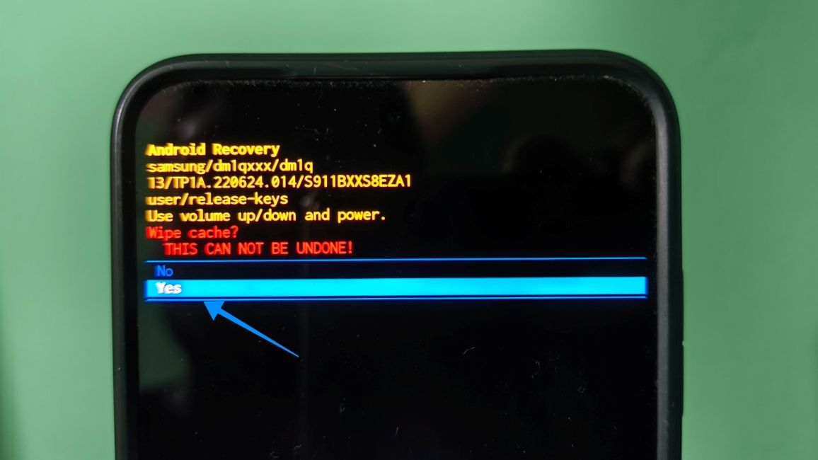 samsung recovery screen asking to confirm wipe partition action