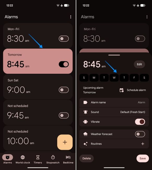 screenshot from the clock app on android showing how to customise alarm