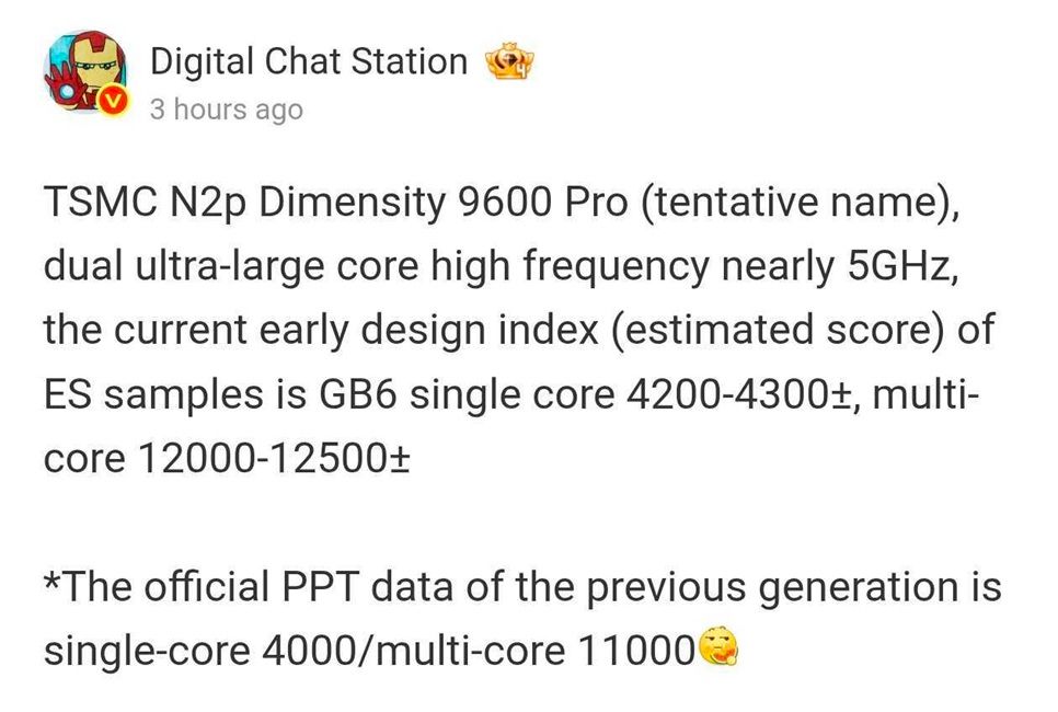 weibo screenshot showing dcs revealing geekbench score of dimensity 9600 pro