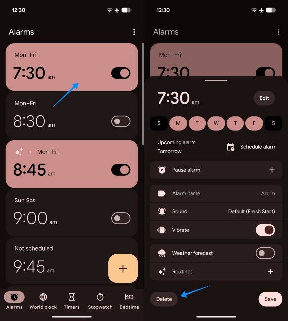 screenshot from the clock app on android showing how to delete alarms