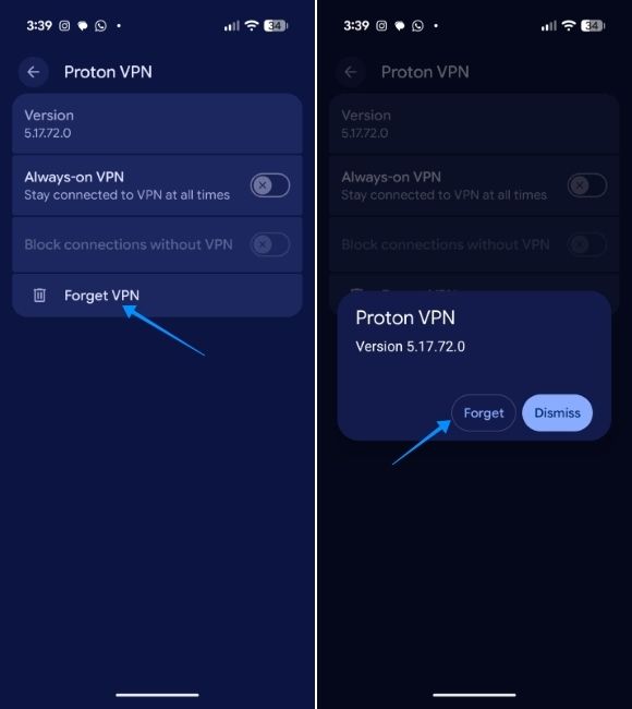 pixel ui screenshot showing steps to delete vpn profile from settings page