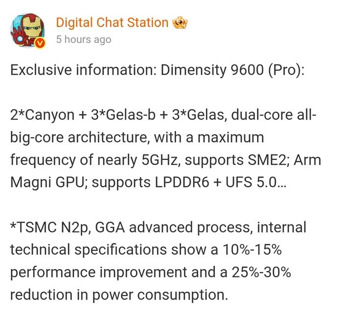 weibo screenshot showing dimensity 9600 pro specs leak from dcs