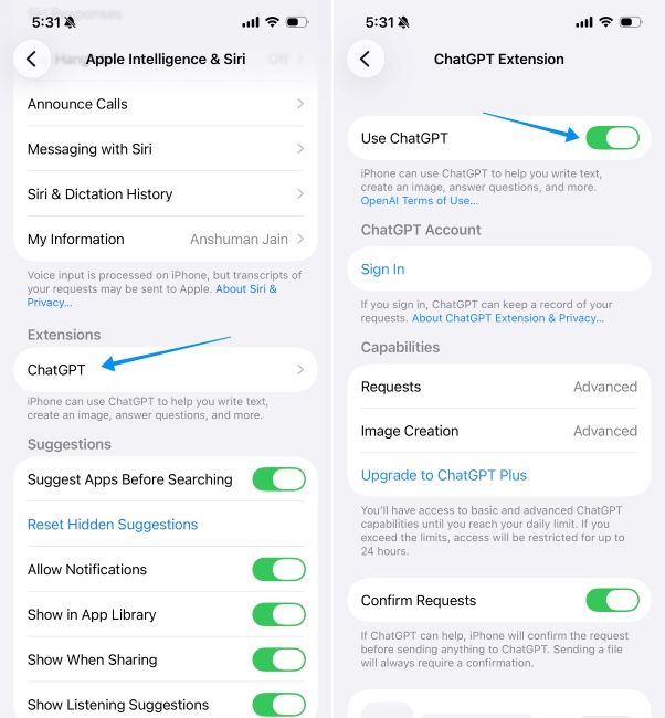 ios screenshot showing steps to disable chatgpt integration with siri ios screenshot showing steps to disable chatgpt integration with siri