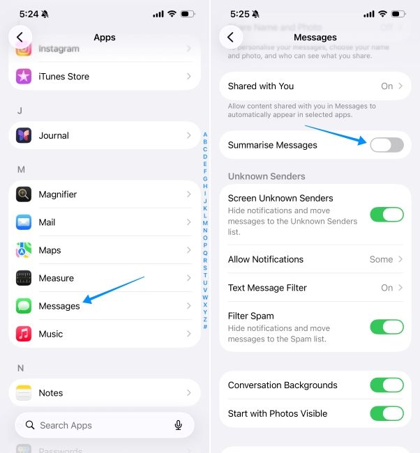 ios screenshot showing steps to disable summarise messages and mail ios screenshot showing steps to disable summarise messages and mail