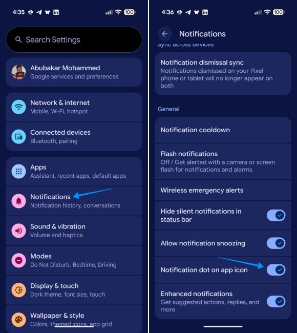 android pixel ui screenshot showing steps to disable notification dot on app icon