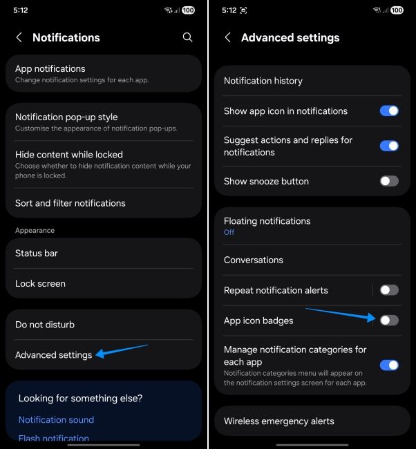 one ui screenshot showing steps to disable red dot notification on samsung phones