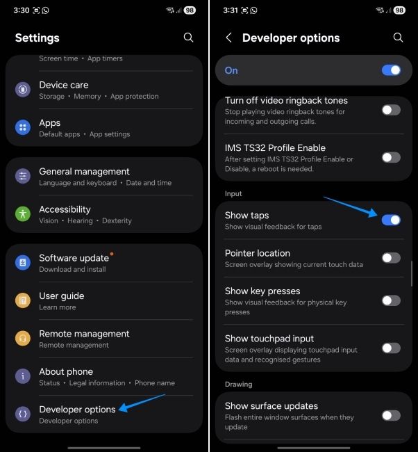 android screenshot showing how to disable show taps under developer options android screenshot showing how to disable show taps under developer options