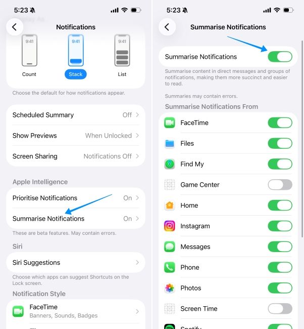 ios screenshot showing steps to disable summarise notifications ios screenshot showing steps to disable summarise notifications