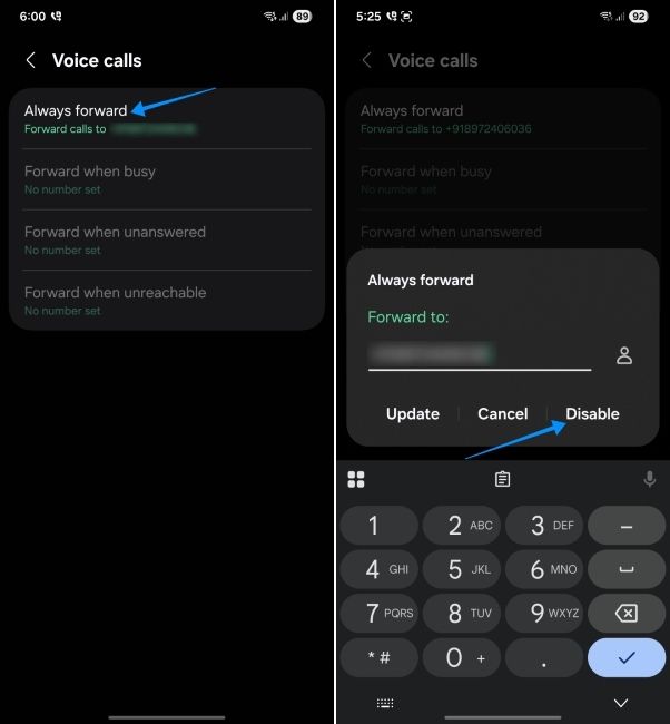 samsung phone screenshot showing steps to deactivate call forwarding