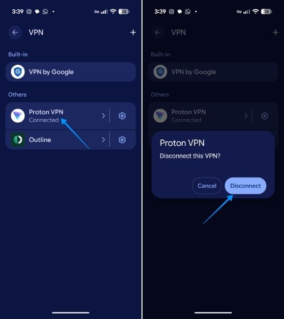 pixel ui screenshot showing steps to disconnect vpn from settings page