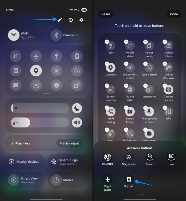 one ui screenshot showing how to add back auto rotate option to qs panel