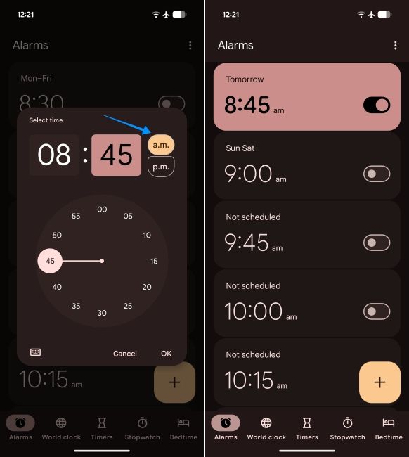 screenshot from the clock app on android showing how to set alarm time
