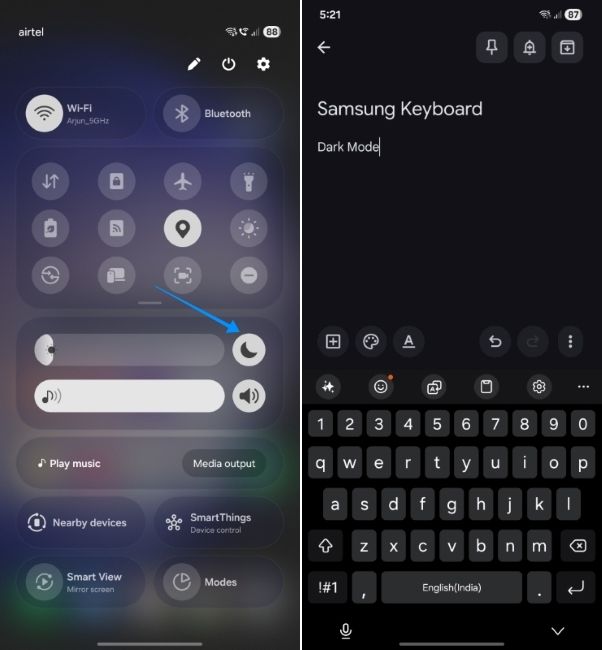 one ui screenshot showing steps to turn on system dark mode