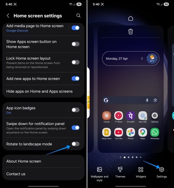 one ui screenshot showing how to enable landscape mode for the homescreen