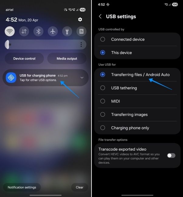 android screenshot showing usb settings for file transfer