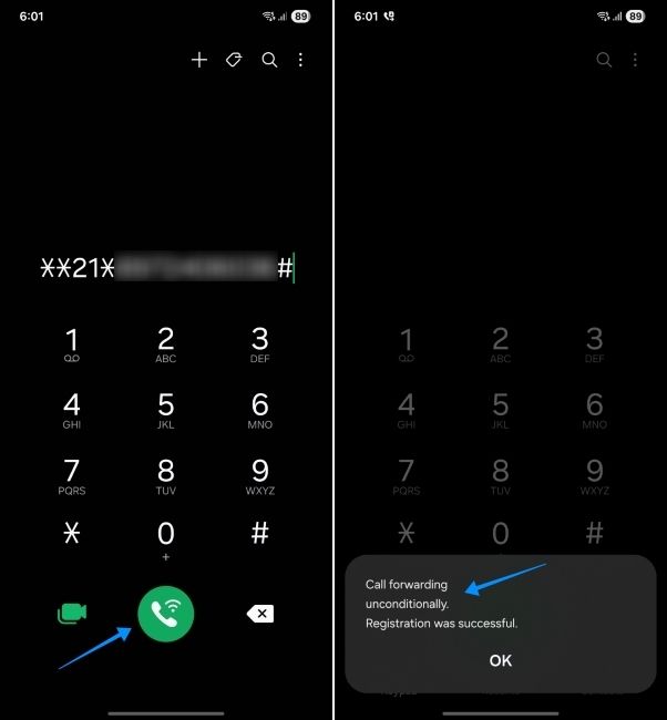 samsung phone screenshot showing steps to activate call forwarding via USSD code