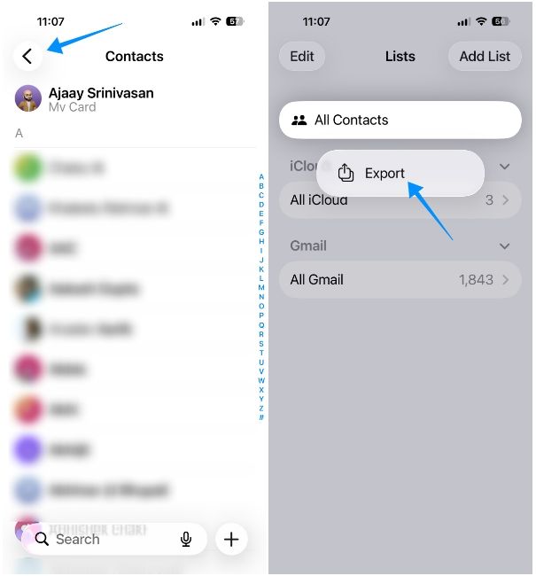 iOS screenshot showing the process of exporting all contacts from iPhone