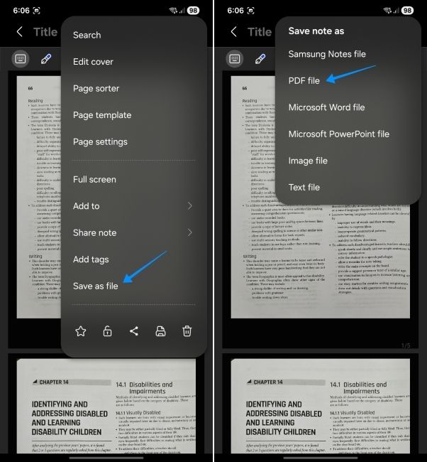 one ui screenshot showing how to export scanned documents as pdf inside samsung notes