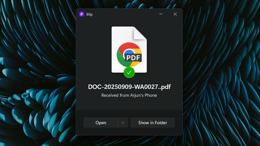 windows screenshot showing file received via blip app on android