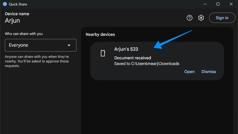 screenshot of quick share on windows receiving file from android