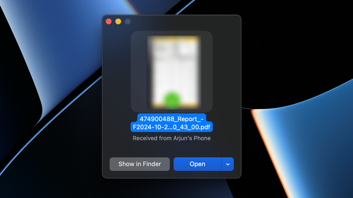 macos screenshot showing file received via blip