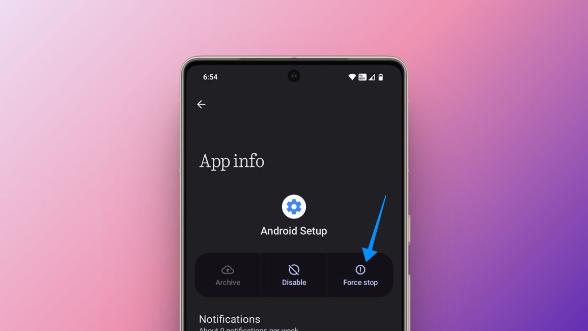 android phone screen showing android setup package with force stop option highlighted