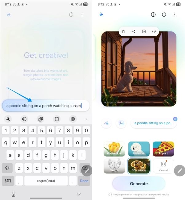 samsung galaxy ai feature showing how to create images using text prompts