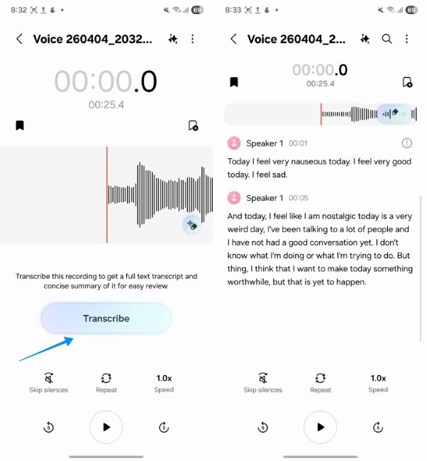 samsung galaxy ai feature showing speech transcription