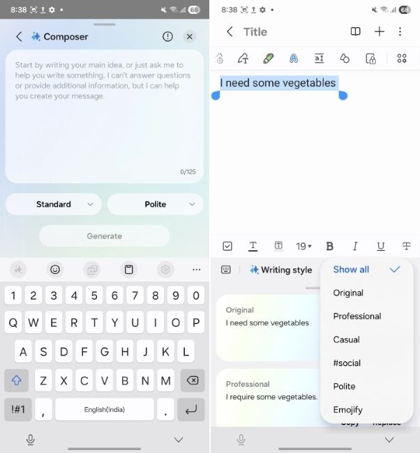 samsung galaxy ai feature showing writing assist