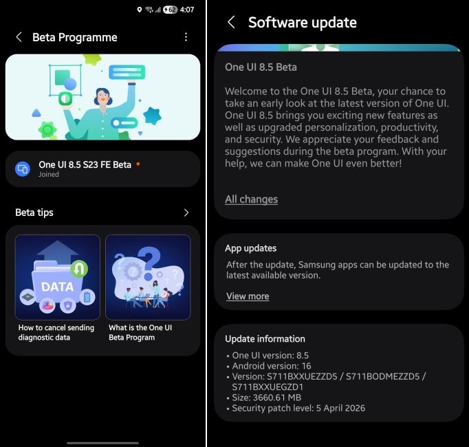 a screenshot from s23 fe showing one ui 8.5 beta update