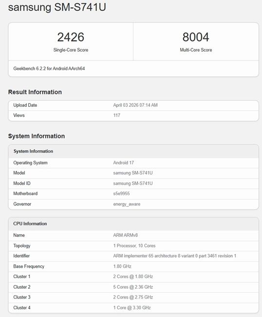 leaked geekbench score of galaxy s26 fe