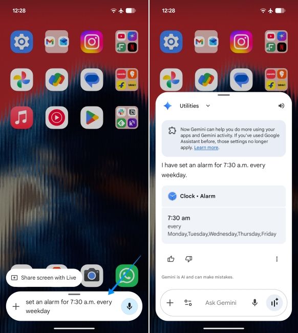screenshot from the clock app on android showing how to set alarm using gemini