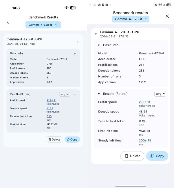 screenshot from phones showing a19 pro and snapdragon 8 elite gen 5 benchmark results on gemma 4