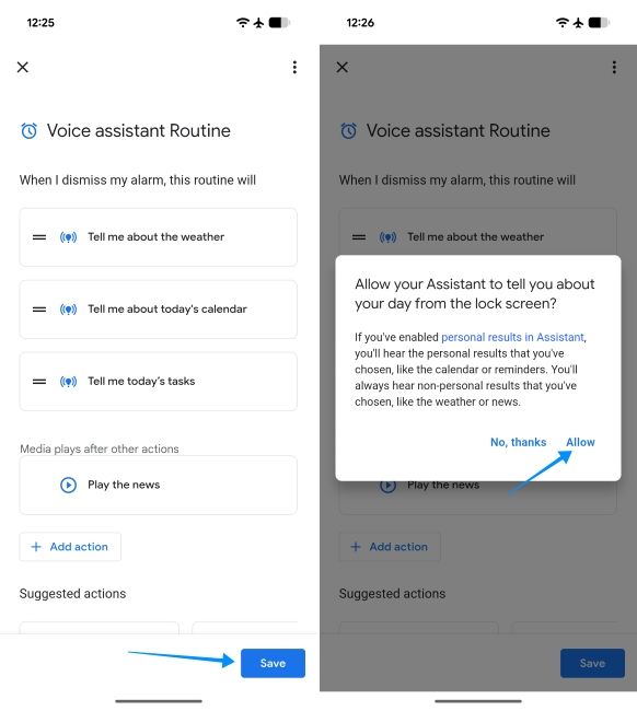 screenshot from the clock app on android showing how to set up voice assistant routine